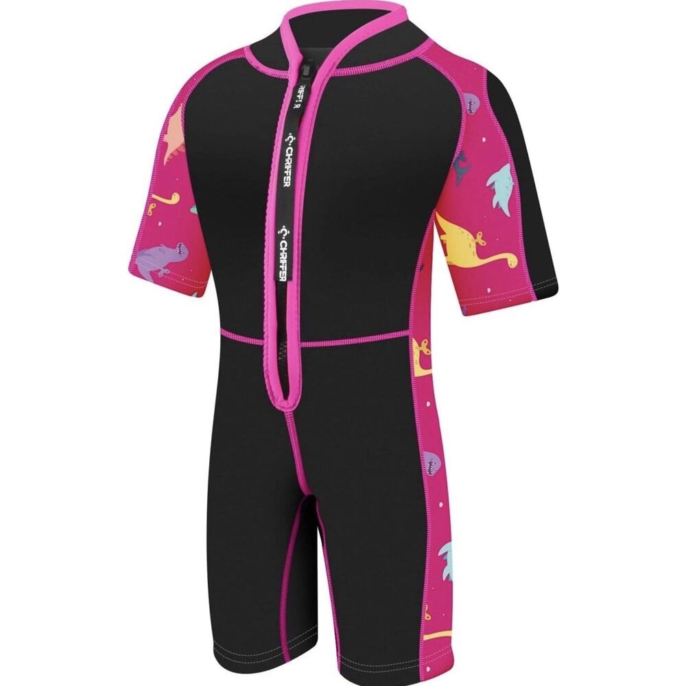 Kids Shorty Wetsuit Medium Pink Front Zip Dinoprint 2mm Kayak Beach New